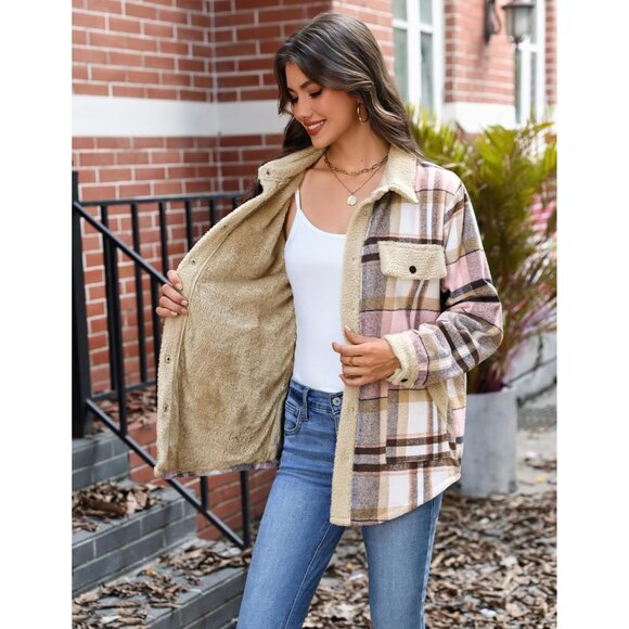 Womens Flannel Jacket Fleece Lined Shacket Fall Outfits Plaid Sherpa Button Down - Picture 8 of 8